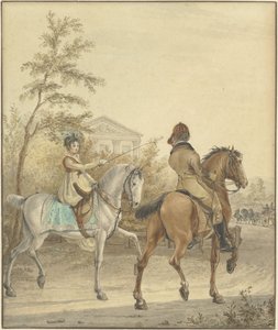 Mann og kvinne til hest på en landevei av Johannes Vinkeles