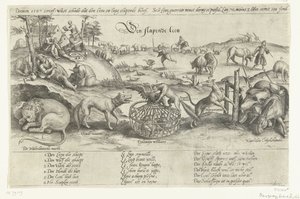 Den sovende løve, 1567 The Sleeping Lion (tittel på objekt) Fire allegorier om hendelsene mellom 1576-1579 i Nederland (serietittel) av Johannes Wierix (attributed to)