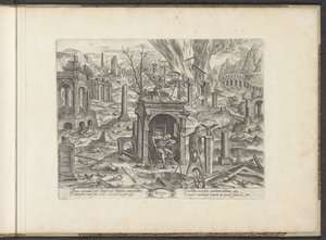 Alder fra 80 år til død; ruinen 5. Ruyne (tittel på objekt) Six Ages of Man / Six Building Orders (serietittel) Teater Vitæ Humanæ (serietittel) av Johannes Wierix