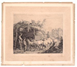 En flokk med sauer blir kjørt inn i en låve av Johannes Wilhelm Zillen