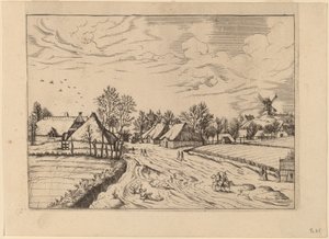 Landsby med postmølle av Johannes and Lucas van Doetechum after Master of the Small Landscapes