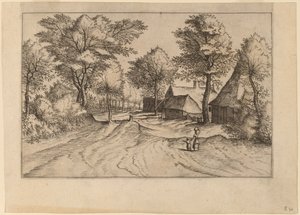 Landsbyvei med gård og skur