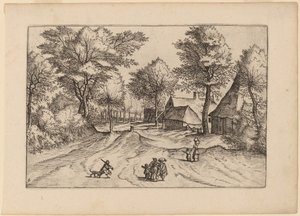 Landsbyvei med gård og skur av Johannes and Lucas van Doetechum after Master of the Small Landscapes
