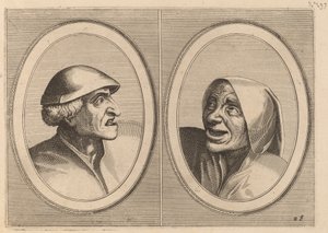 "Tyvaktige Tijs" og "Sneeze Spoel-de-Nap" av Johannes and Lucas van Doetechum after Pieter Bruegel the Elder
