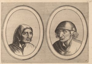 "Rijckje Schimmel-penninghs" og "Lubbert Leever-pølse" av Johannes and Lucas van Doetechum after Pieter Bruegel the Elder