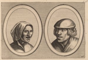 "Woman Verneem-al" og "Hans de Pluym-strijcker" av Johannes and Lucas van Doetechum after Pieter Bruegel the Elder