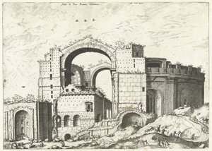 Gezicht op de Sint Pieter i Roma Deformasjon av Aedis D. Peter Romana (tittel på objekt) Romerske ruiner, 1561 (serietittel)