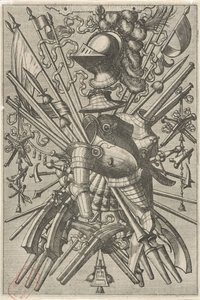 Overflatedekorasjon, bestående av et våpentrofé Overflatedekorasjoner og friser med trofeer (serietittel) av Johannes of Lucas van Doetechum