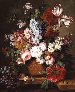 Frukt og blomster på en marmorhylle av Johannes or Jacobus Linthorst