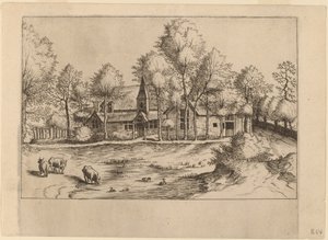 Landsby med kirke av Johannes van Doetechum, the Elder and Lucas