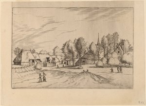 Landsby med kirketårn av Johannes van Doetechum, the Elder and Lucas