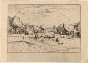 Landsby med sauer og sittende hyrde