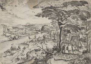 Skal til Emmaus-landskapet med pilegrimer ved Emmaus, ca. 1555-56. Skapere: Johannes van Doetecum I, Lucas van Doetecum. av Johannes and Lucas van Doetecum
