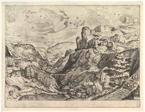 Alpinlandskap med en dyp dal fra The Large Landscapes, ca. 1555-56.