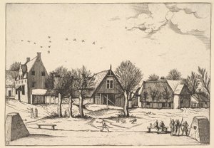 Country Village, bueskyttere i forgrunnen fra Multifariarum casularum ruriumque linea..., 1559-61. av Johannes van Doetecum I