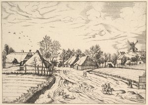Landsby med postmølle fra Multifariarum casularum curios funksjoner..., 1559-61. av Johannes van Doetecum I