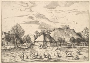 Gårder, storfe med gjetere og melkepiker i forgrunnen fra Multifariarum casularu..., 1559-61. av Johannes van Doetecum I