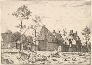 Skur med hytte, fra De små landskapene, 1559-61.