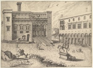 Utsikt over Campidoglio på Capitoline Hill, med rytterstatue nederst til høyre, fra..., 1562.