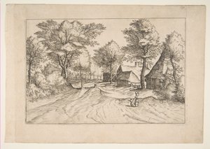Village Road with a Farm and Sheds, fra serien, The Small Landscapes Multifariaru..., 1559-61. av Johannes van Doetecum I