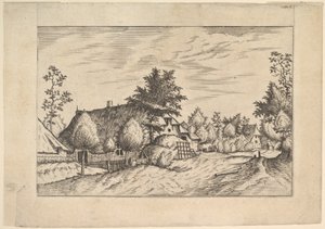 Landsbygate, høy stablet foran en gård fra Praediorum villarum et rusticar..., ca. 1559-61. av Johannes van Doetecum I