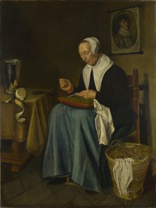 En gammel kvinne sittende sy, 1655 av Johannes van der Aeck