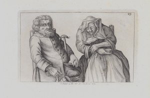 Et sittende gammelt par, han drikker, hun røyker (gravering)