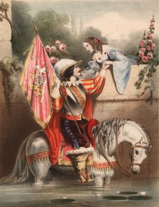 Se over hagemuren Kate - soldat på en hvit hest som møter sin kjærlighet (farge litho)