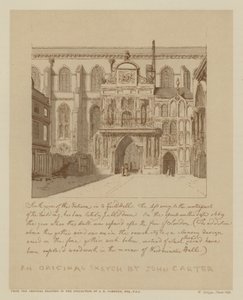 Sørutsikt over inngangen til Guildhall, City of London (litho) av John (after) Carter
