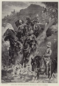 Natal feltartilleri som går ned langs bredden av en "spire" eller strøm (litho)