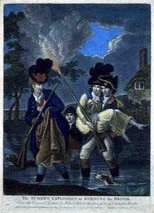 En plutselig eksplosjon i Fording the Brook, pub. av Carington Bowles (fl.1744-93) (mezzotintgravering) av John (after) Collet