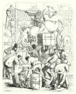 Ankomst av varer som skal stilles ut på den store utstillingen i 1851, Crystal Palace, Hyde Park, London (gravering) av John (after) Gilbert