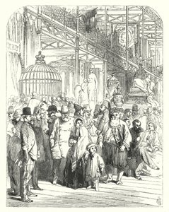 Utstillere og besøkende i Crystal Palace, Hyde Park, London, stedet for den store utstillingen i 1851 (gravering)