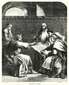 Kong John nektet å signere Magna Charta i Oxford, i 1215 (gravering) av John (after) Gilbert