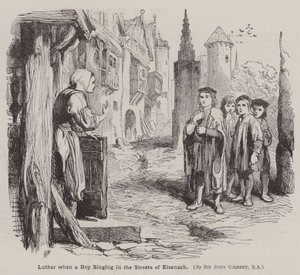 Martin Luther da en gutt synger i Eisenachs gater (gravering) av John (after) Gilbert