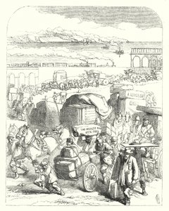 Skip og tog som bringer besøkende til den store utstillingen i 1851, Crystal Palace, Hyde Park, London (gravering) av John (after) Gilbert