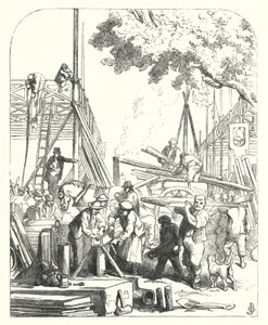 Arbeidere på stedet for Crystal Palace, Hyde Park, London, stedet for den store utstillingen i 1851 (gravering)