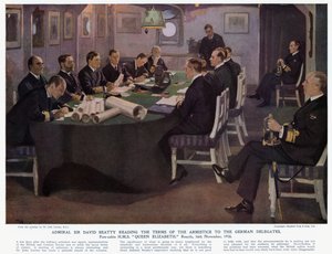 Admiral Sir David Beatty leser vilkårene for våpenhvilen for de tyske delegatene, forkabinen HMS Queen Elizabeth, Rosyth av John (after) Lavery