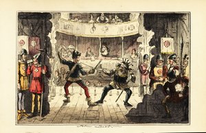 Skuespillere som spiller Henry Tudor som kjemper mot kong Richard III av England på scenen i et teater av John (after) Leech