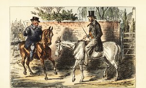 Engelsk herremann på et gammelt gnagsår avvist av en mann på en bukthest av John (after) Leech