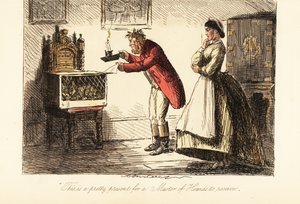 Engelsk jeger i jaktrosa og støvler som undersøker en rev i et bur ved levende lys av John (after) Leech