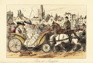 Engelsk dame i krinolinkjole med parasoll kjører en ponnitrukket kurv-vogn gjennom de travle gatene i en liten by av John (after) Leech