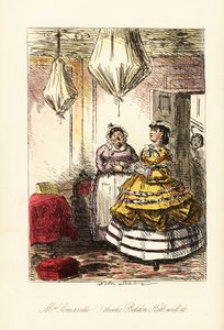 Engelsk dame kartlegger et fancy rom med dekkede møbler og lysekroner i brun-holland ballonger av John (after) Leech