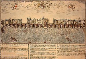 Utsikten over London Bridge fra øst til vest, opptrykk av en gravering fra 1624 av John (after) Norden