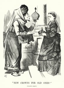 Punch tegneserie: New Crowns for Old Ones. Benjamin Disraeli (som Aladdin) med dronning Victoria - Royal Titles Act 1876 som anerkjenner dronningen som keiserinne av India (gravering)