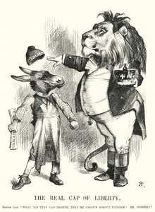 Punch tegneserie: The Real Cap of Liberty - overlegenheten til Storbritannias konstitusjonelle monarki over republikanisme (gravering) av John (after) Tenniel