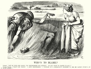 Punch tegneserie: Hvem har skylden? - oppfordrer til å iverksette tiltak for å forhindre flom av Themsen i London (gravering) av John (after) Tenniel