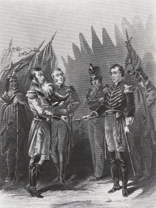 Den amerikanske generalen William Hulls overgivelse til britiske tropper og indianerkrigere i Detroit, 15. juli av Walter Charles Mills