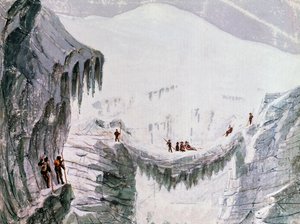 Klatring Mont Blanc, klatrere suspendert fra sprekk, akvarell, Frankrike av Walter Charles Mills