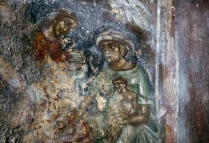 Fresco of Holy Family, Bysantine Church of Ayios Stephanos, Drakona, Kreta, Hellas (bilde) av Walter Charles Mills